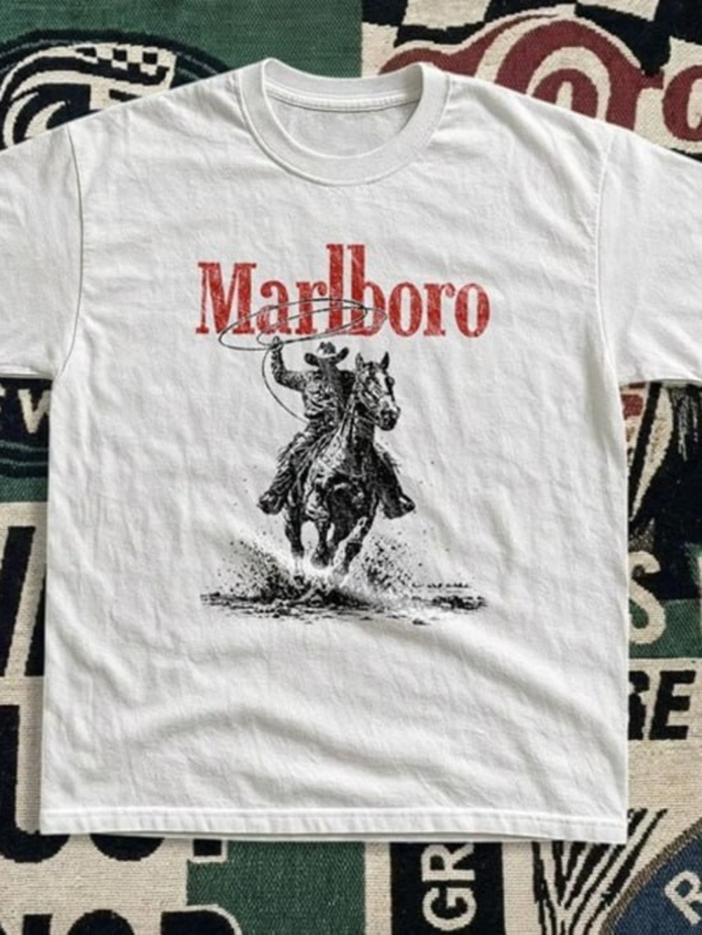 Marlboro White Tee with Red Logo and Black Cowboy Print